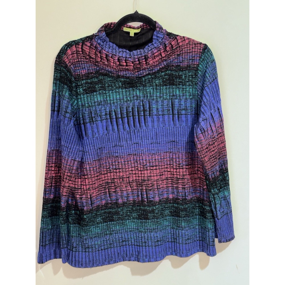 Trisha Tyler Women's Ruched Crinkle Top Large Multicolor Art Deco Lagenlook